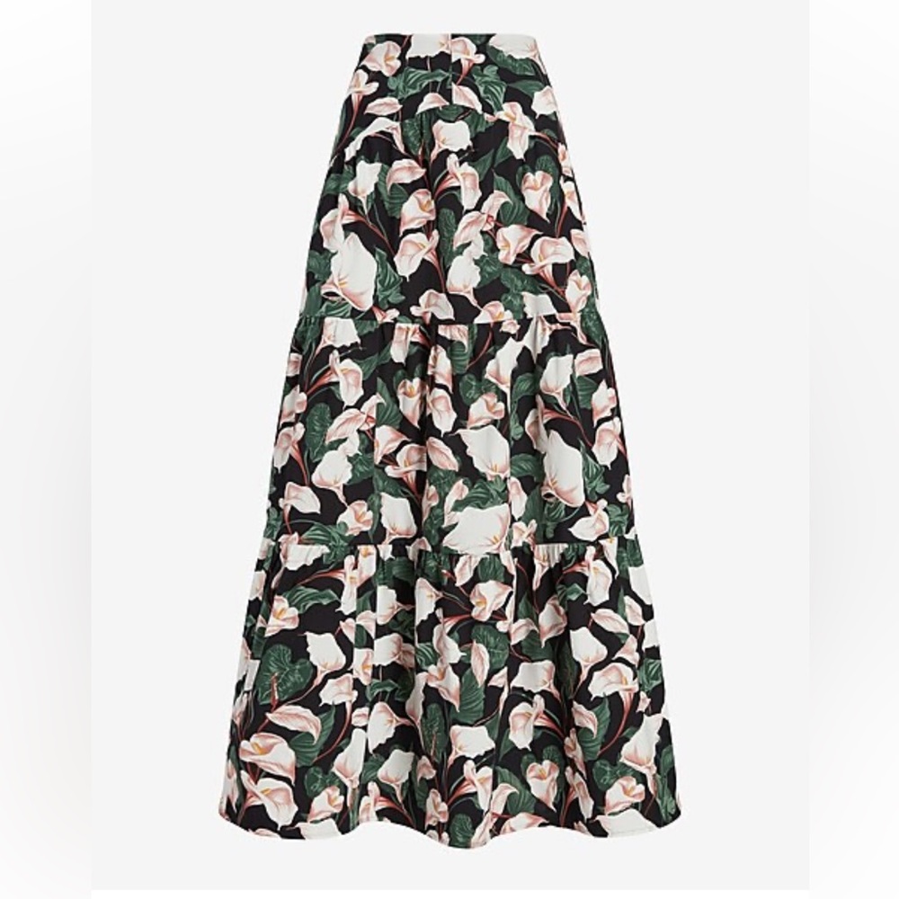 Express Black Floral Tiered Maxi Skirt with Green and Pink Leaves